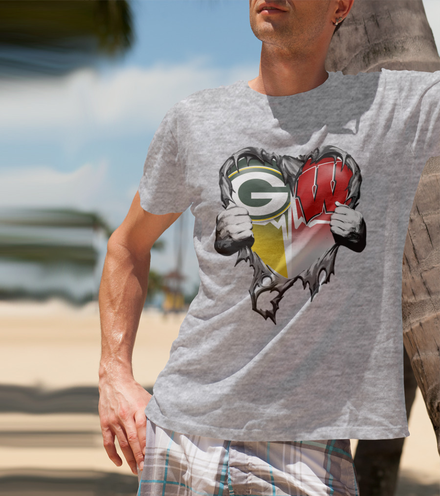 Green Bay Packers And Wisconsin Badgers Rip Heart T-Shirt
