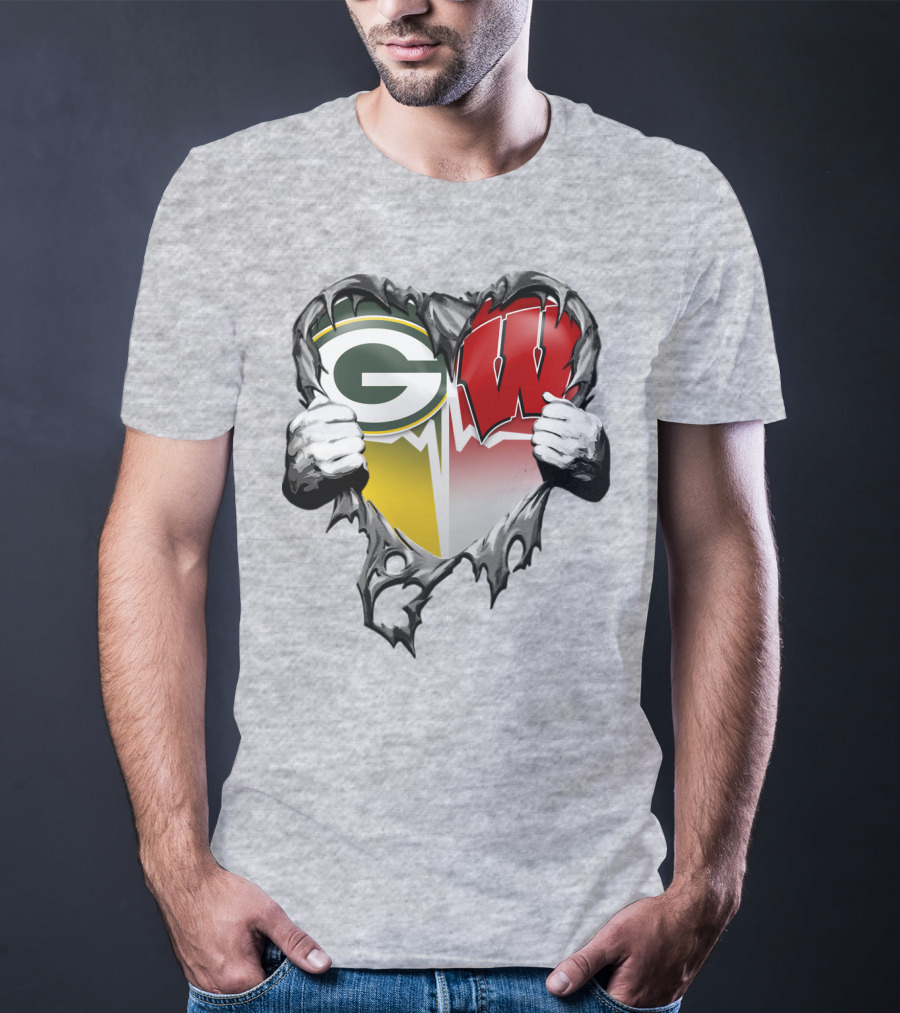 Green Bay Packers And Wisconsin Badgers Rip Heart T-Shirt