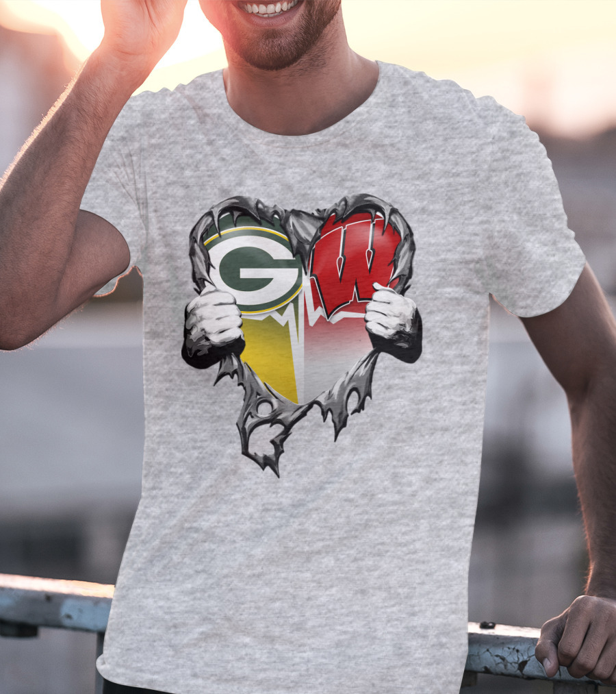 Green Bay Packers And Wisconsin Badgers Rip Heart T-Shirt