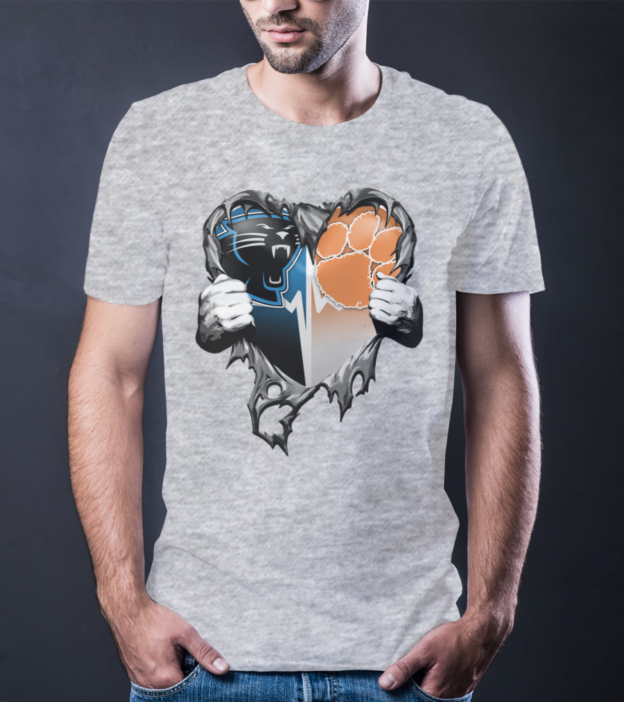 Carolina Panthers Clemson Tigers Heart Ripped T-Shirt