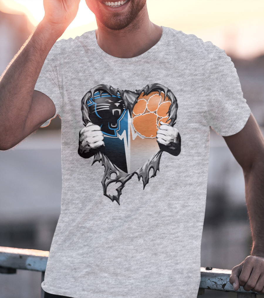 Carolina Panthers Clemson Tigers Heart Ripped T-Shirt
