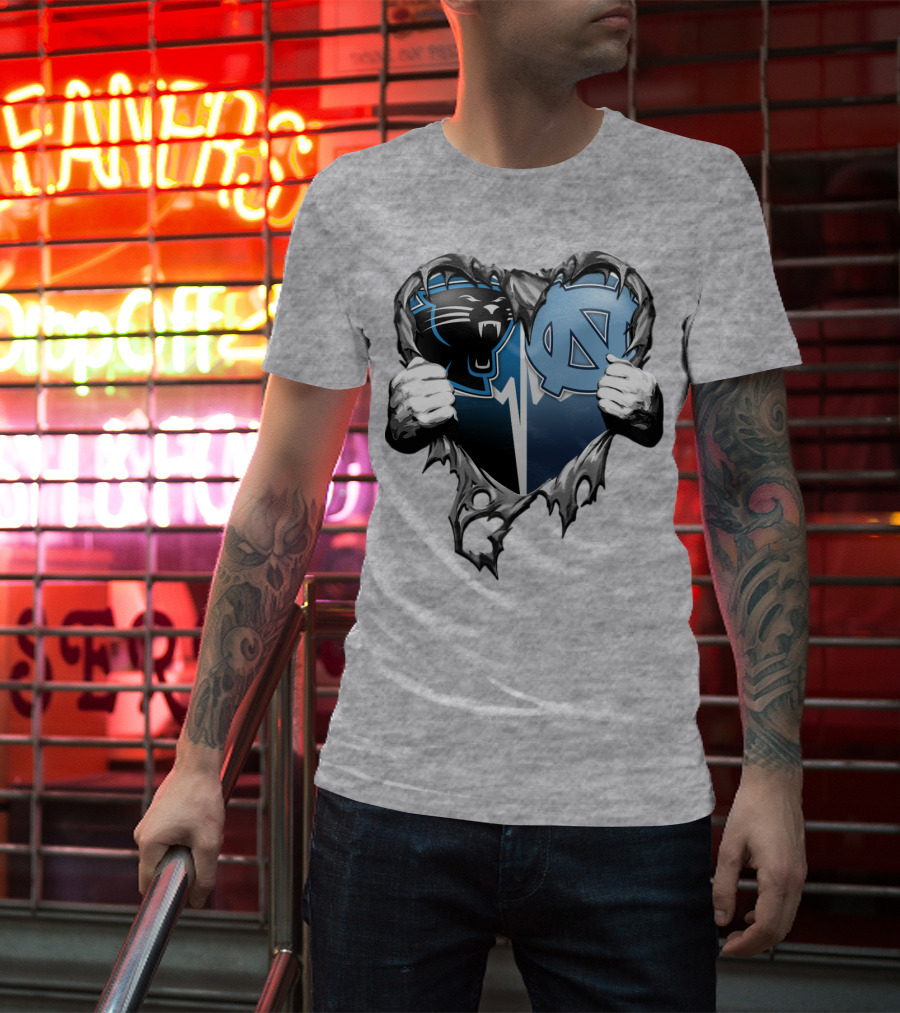 Carolina Panthers Unc Tar Heels Heart Ripped T-Shirt
