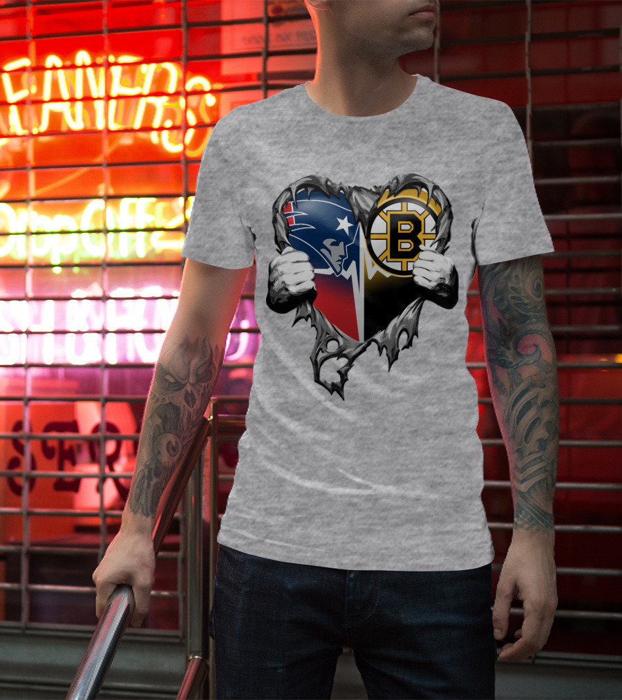 Patriots Bruins Torn Heart Logo Fusion T-Shirt