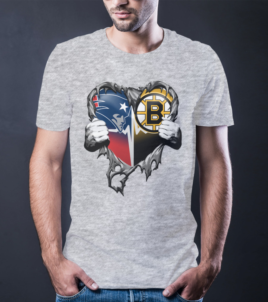 Patriots Bruins Torn Heart Logo Fusion T-Shirt