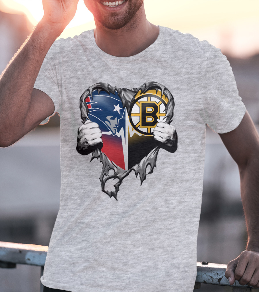 Patriots Bruins Torn Heart Logo Fusion T-Shirt