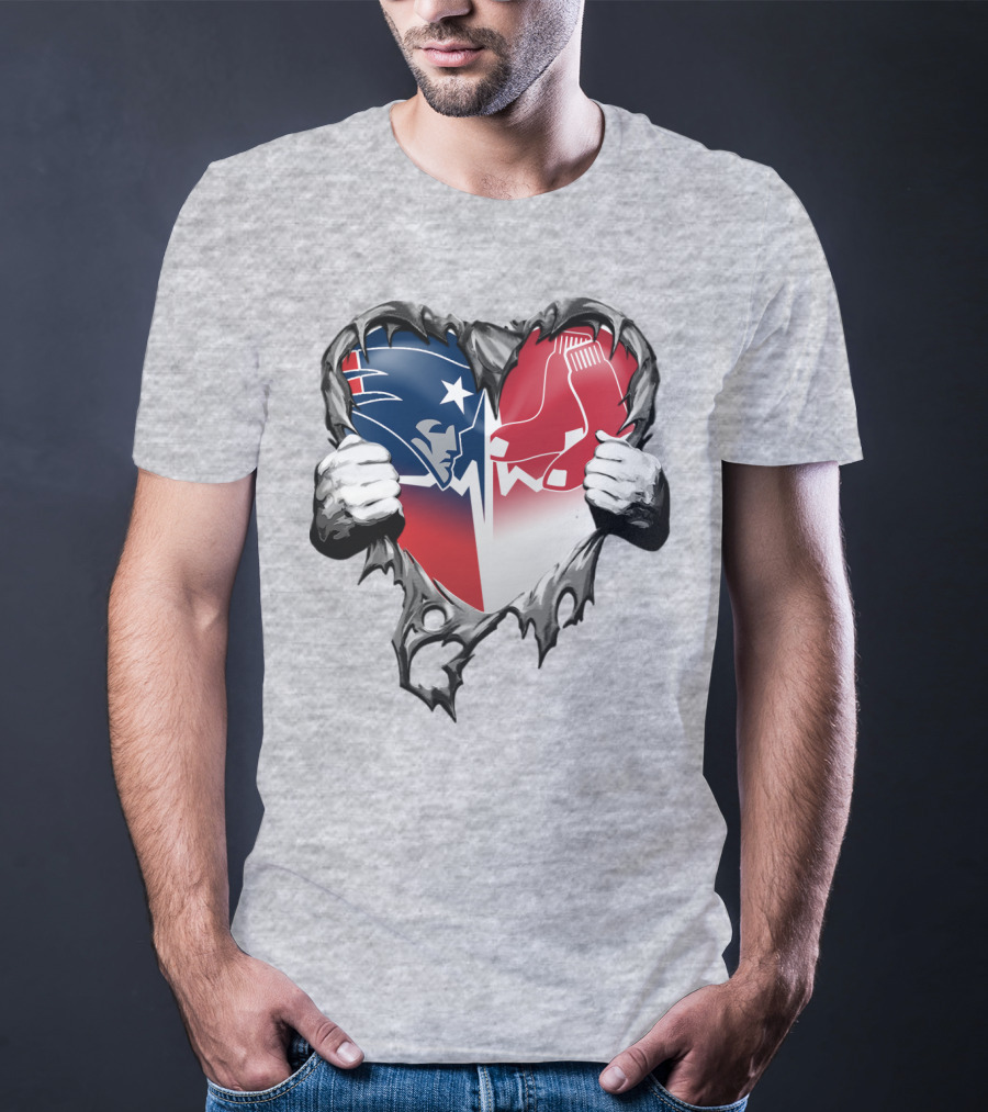 Patriots And Red Sox Heart Design With Torn Metal Effect T-Shirt