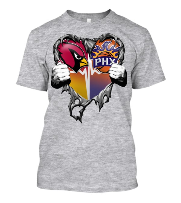 Arizona Cardinals And Phoenix Suns Heart Symbol With Torn Metal Effect T-Shirt
