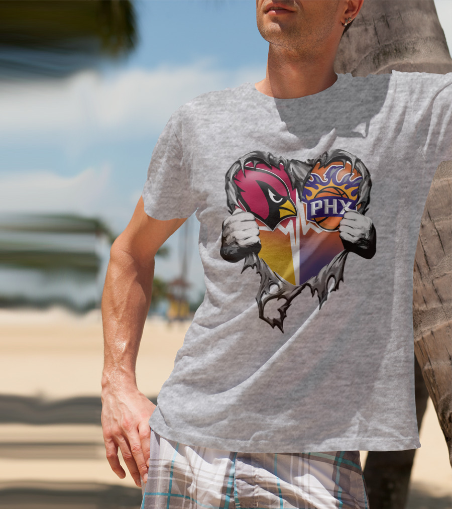 Arizona Cardinals And Phoenix Suns Heart Symbol With Torn Metal Effect T-Shirt