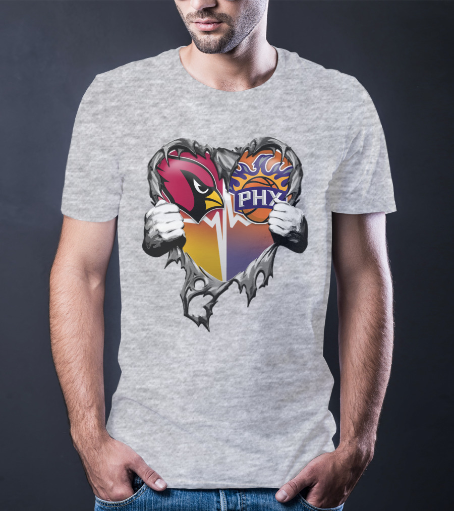 Arizona Cardinals And Phoenix Suns Heart Symbol With Torn Metal Effect T-Shirt