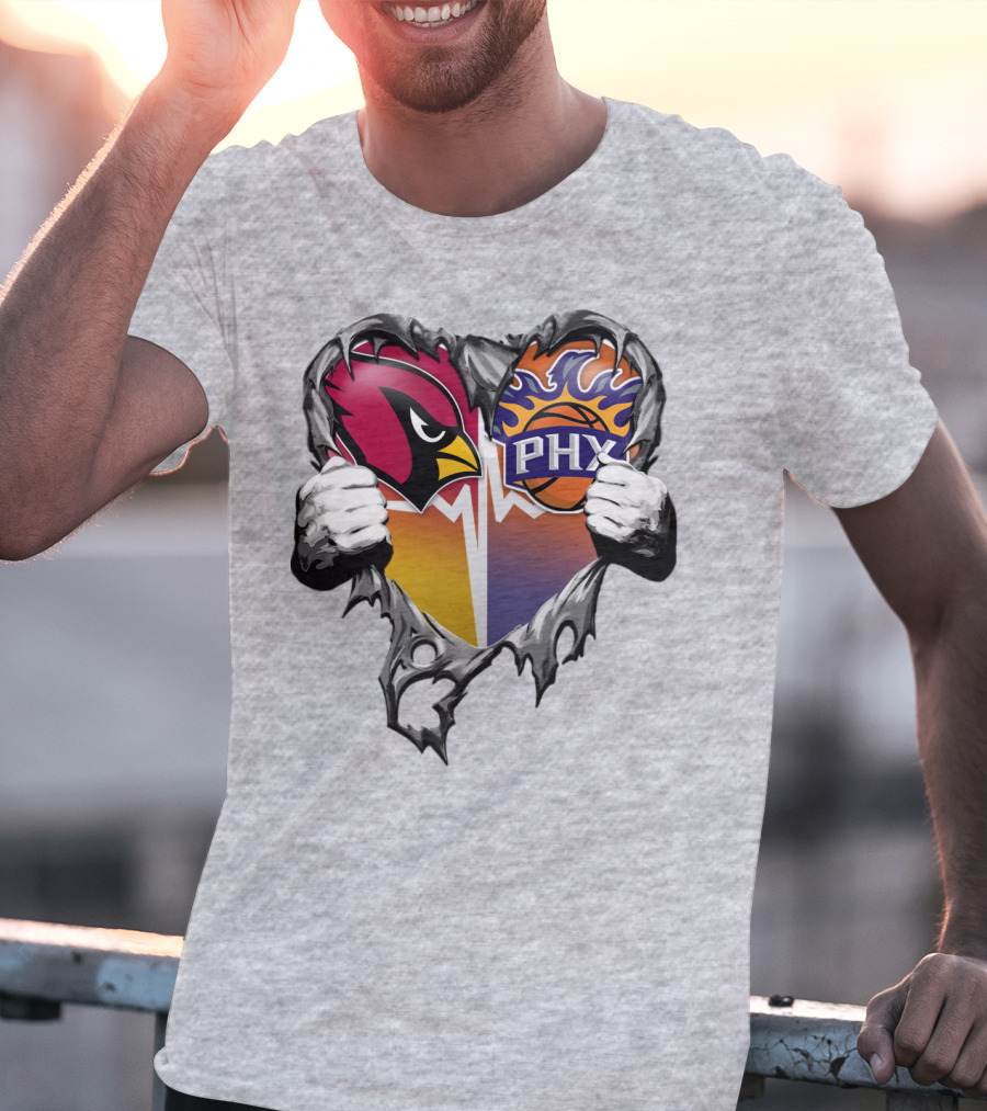 Arizona Cardinals And Phoenix Suns Heart Symbol With Torn Metal Effect T-Shirt
