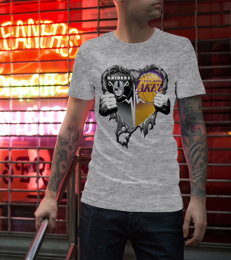 Raiders Los Angeles Lakers Heart Logo Tear T-Shirt