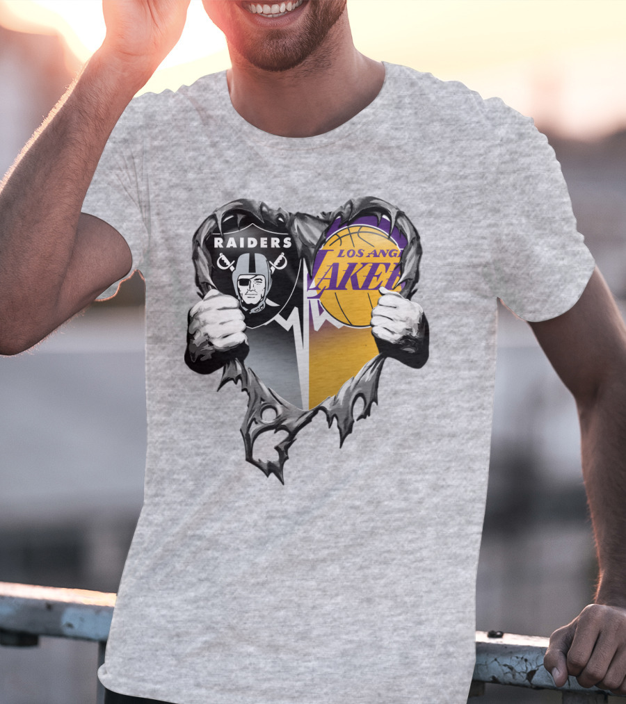 Raiders Los Angeles Lakers Heart Logo Tear T-Shirt