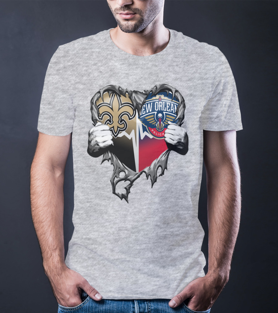 New Orleans Saints Pelicans Heart Tear T-Shirt