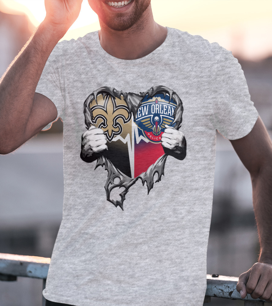 New Orleans Saints Pelicans Heart Tear T-Shirt
