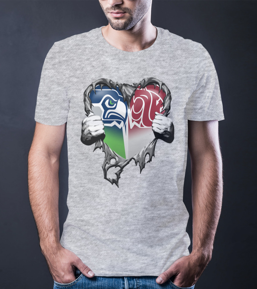 Seattle Seahawks And Washington State Cougars Split Heart T-Shirt