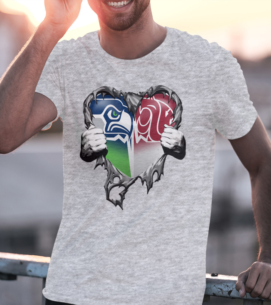 Seattle Seahawks And Washington State Cougars Split Heart T-Shirt
