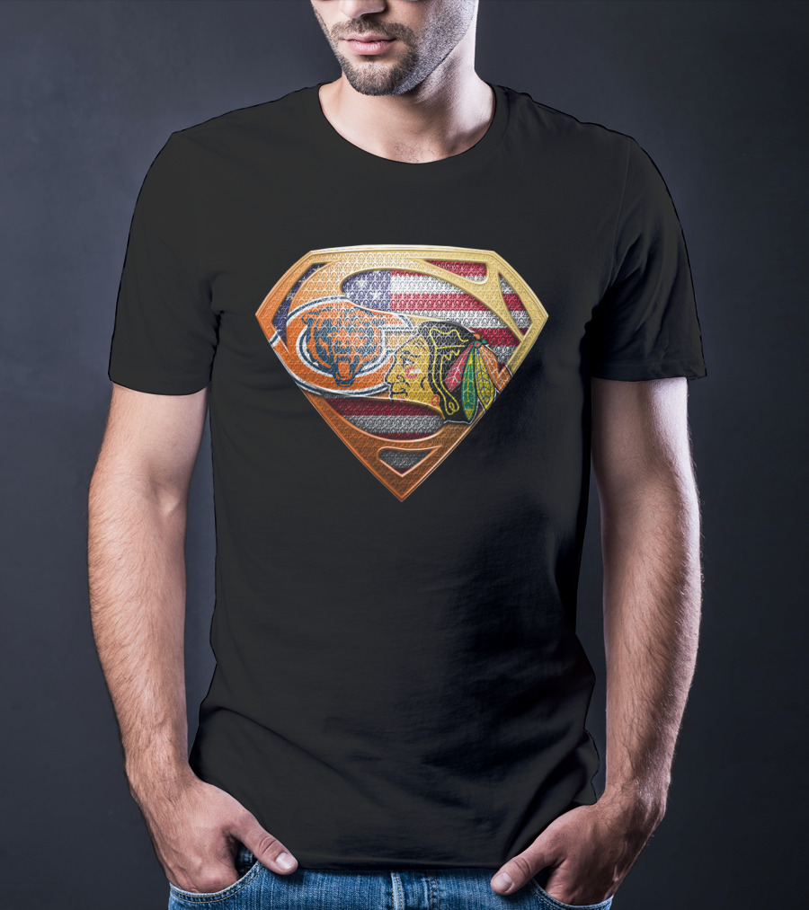Chicago Bears Blackhawks Flag Superman T-Shirt