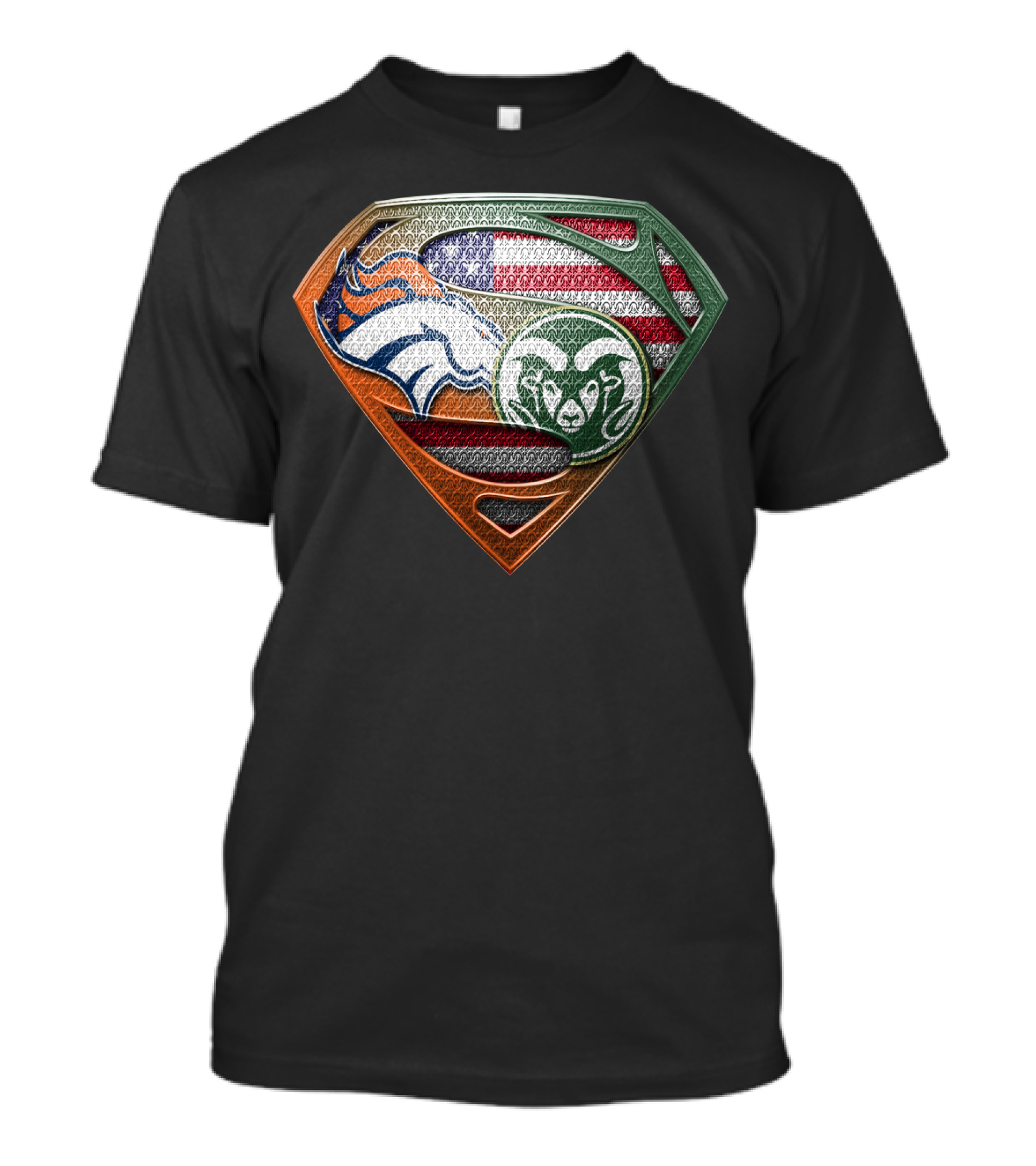 Denver Broncos And Colorado State Rams Superman Shield American Flag Montage T-Shirt