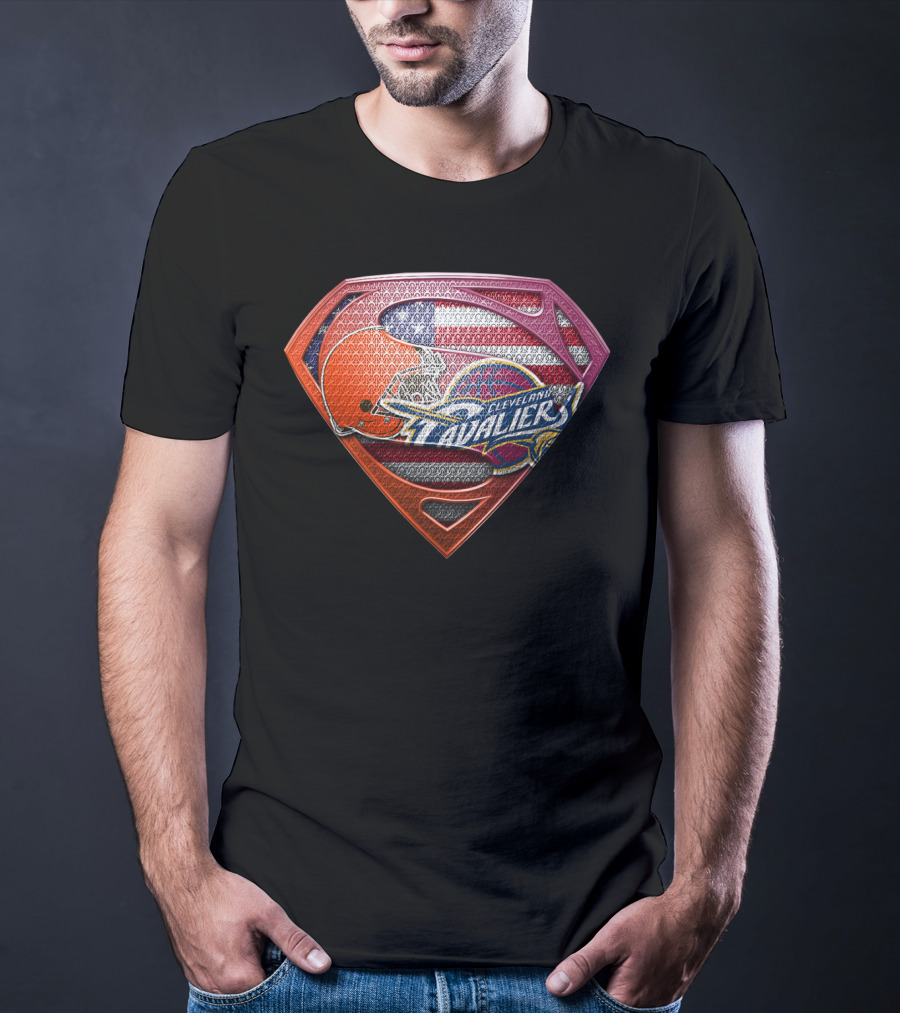 Cleveland Cavaliers And Browns Superman Shield With American Flag T-Shirt