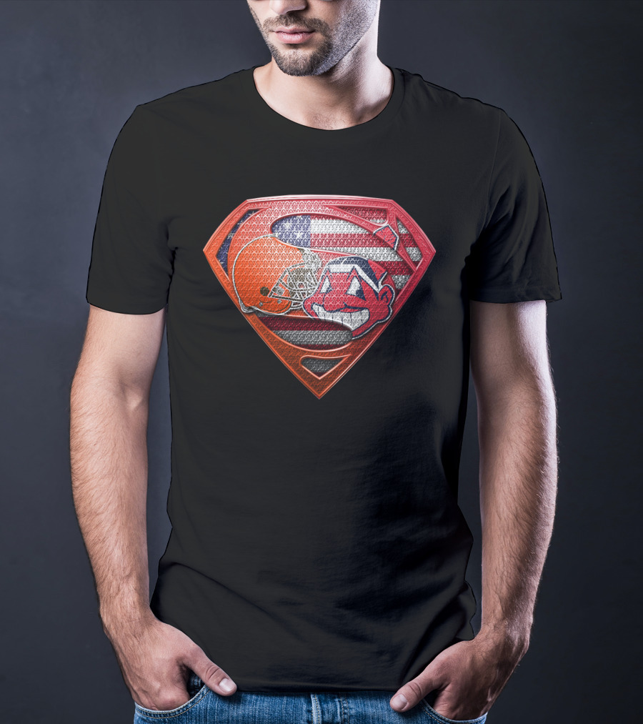 Cleveland Browns Superman Shield With Chief Wahoo And Usa Flag T-Shirt