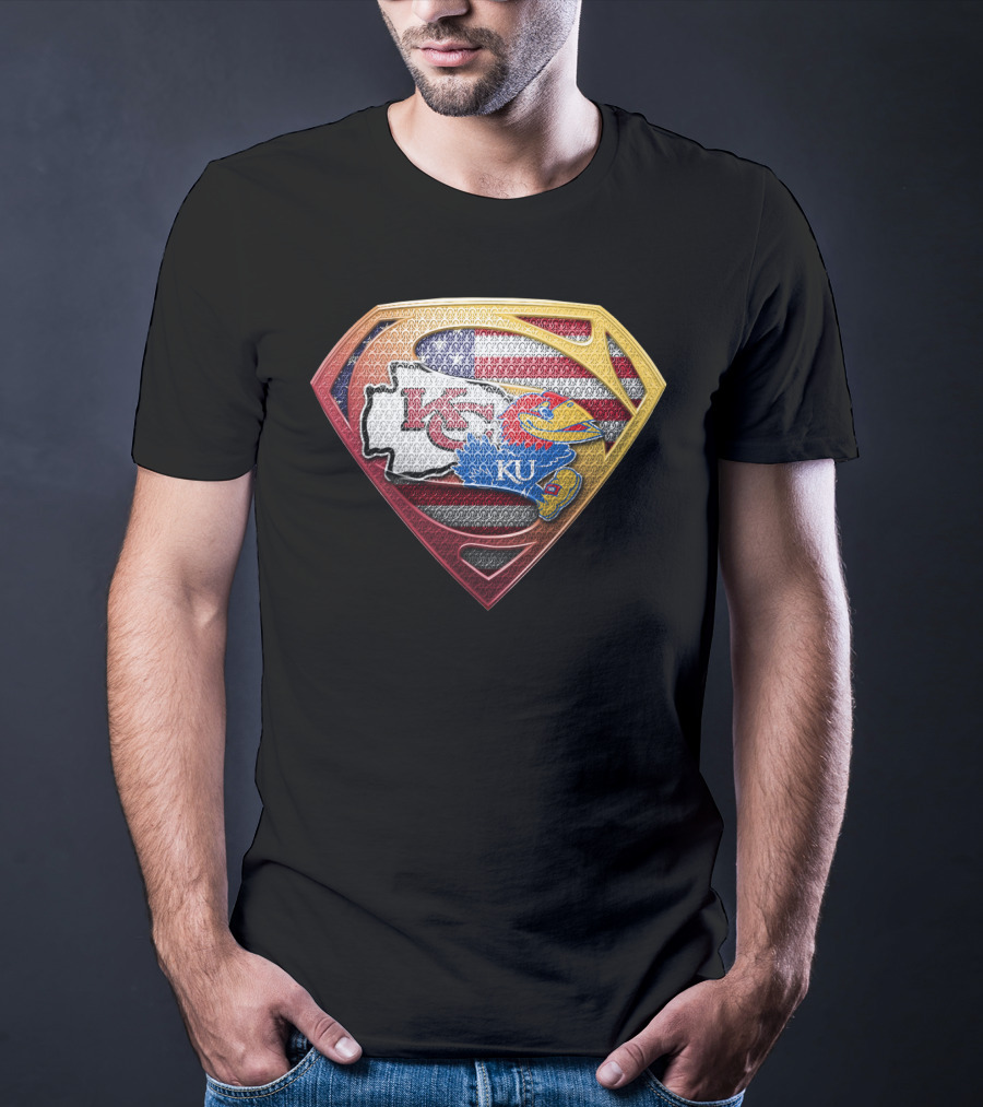 Superman Kansas City Chiefs Ku Jayhawks Usa Flag T-Shirt