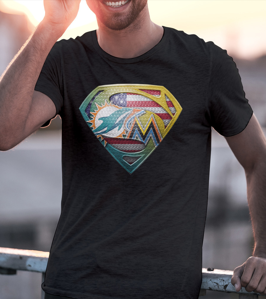 Miami Dolphins Marlins American Flag Superman T-Shirt