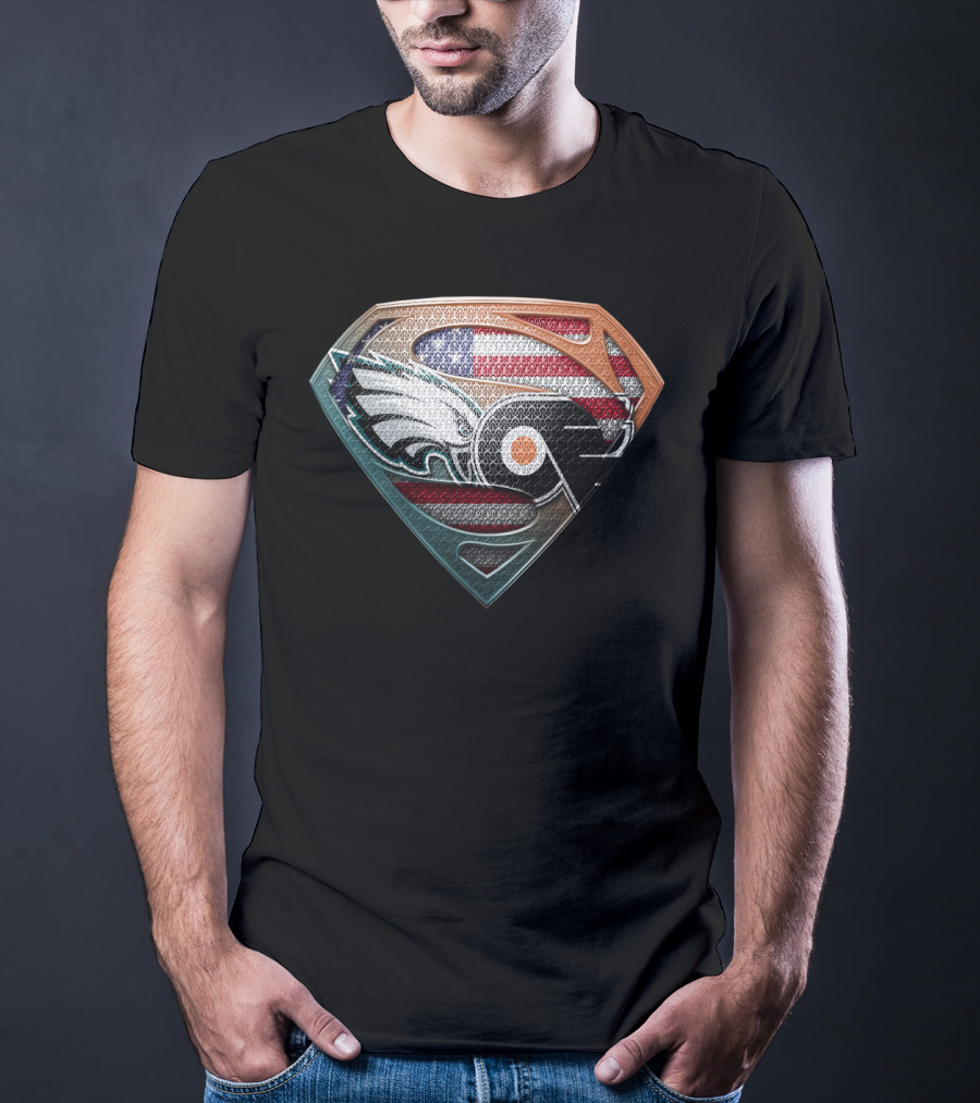 Superman Shield American Flag Philadelphia Eagles Flyers Logo Fusion T-Shirt