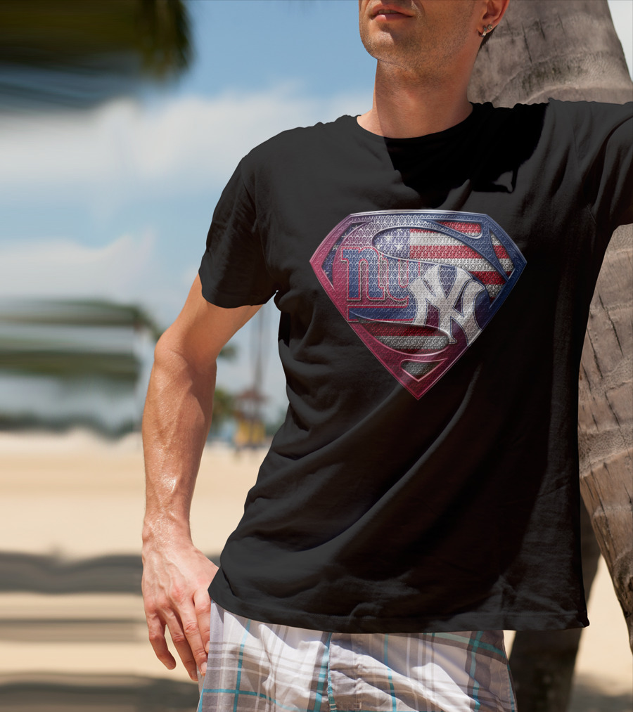 New York Giants Yankees American Flag Superman Logo Fusion T-Shirt