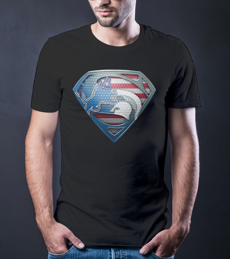Detroit Lions And Michigan State Spartans American Flag Superman T-Shirt