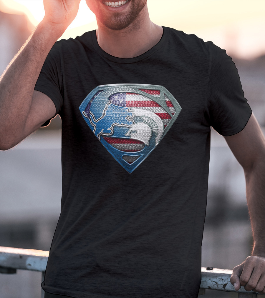 Detroit Lions And Michigan State Spartans American Flag Superman T-Shirt