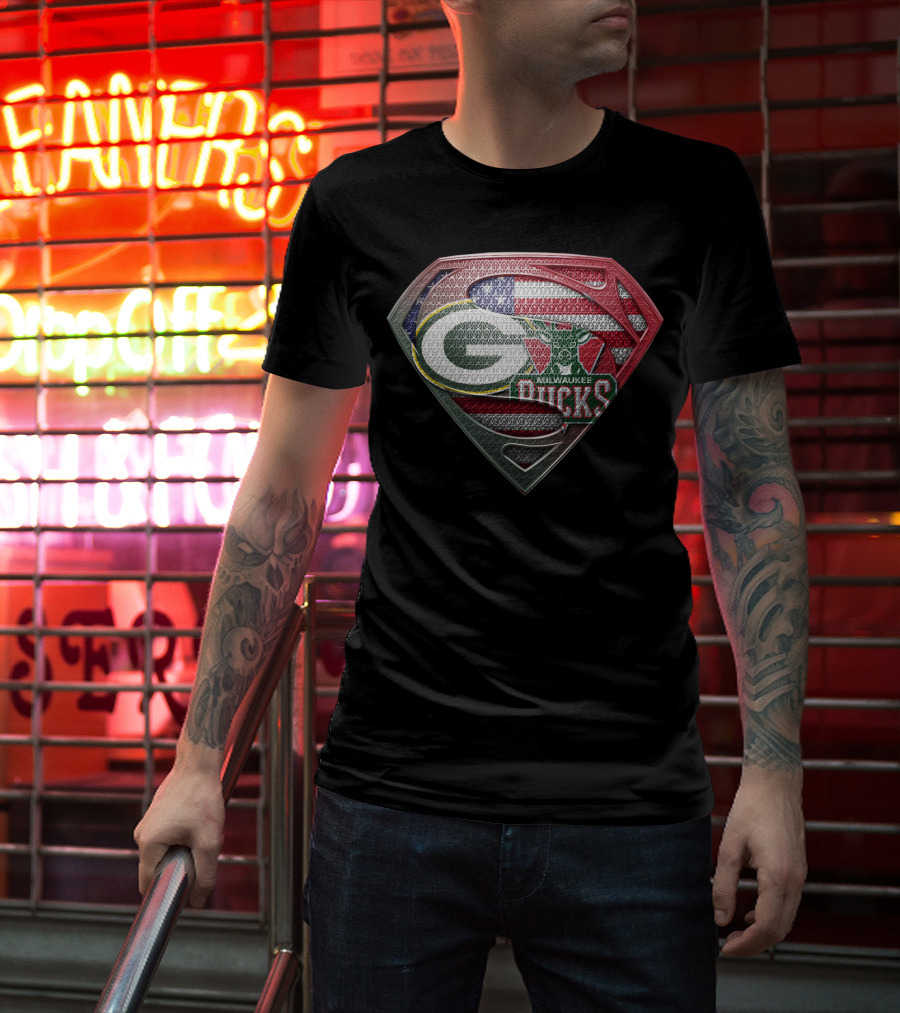 Green Bay Packers Milwaukee Bucks American Flag Superman Shield T-Shirt