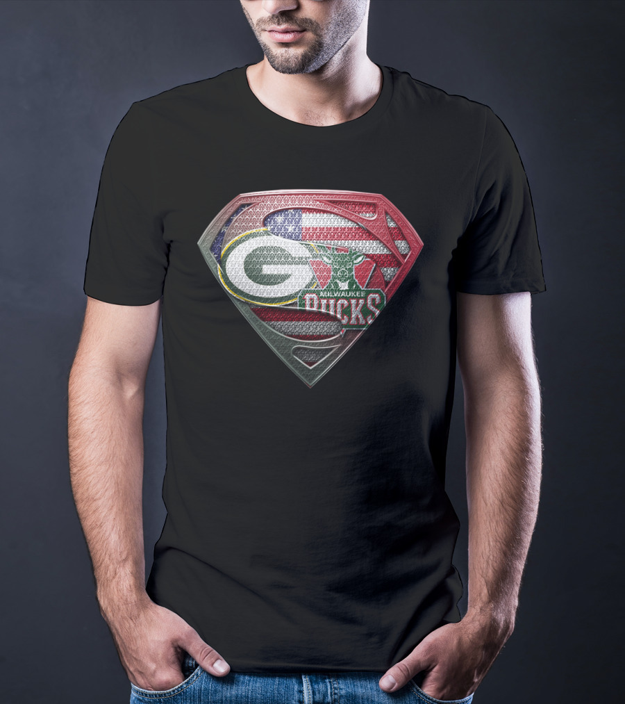Green Bay Packers Milwaukee Bucks American Flag Superman Shield T-Shirt
