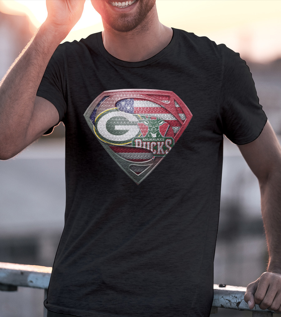 Green Bay Packers Milwaukee Bucks American Flag Superman Shield T-Shirt