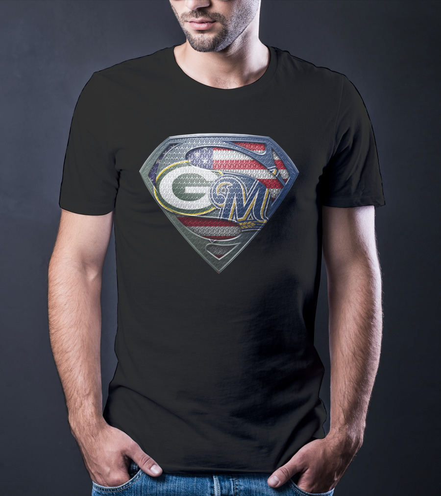 Packers Brewers Superman Shield American Flag T-Shirt