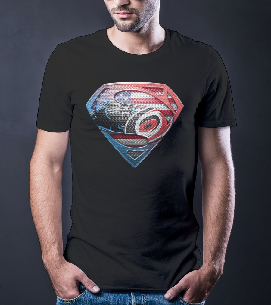Carolina Panthers And Hurricanes Superman Shield Usa Flag Combination T-Shirt