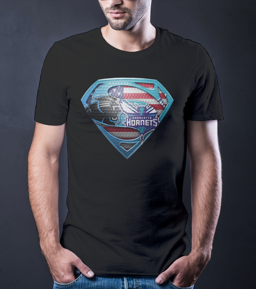 Carolina Panthers Charlotte Hornets American Flag Superman Shield T-Shirt