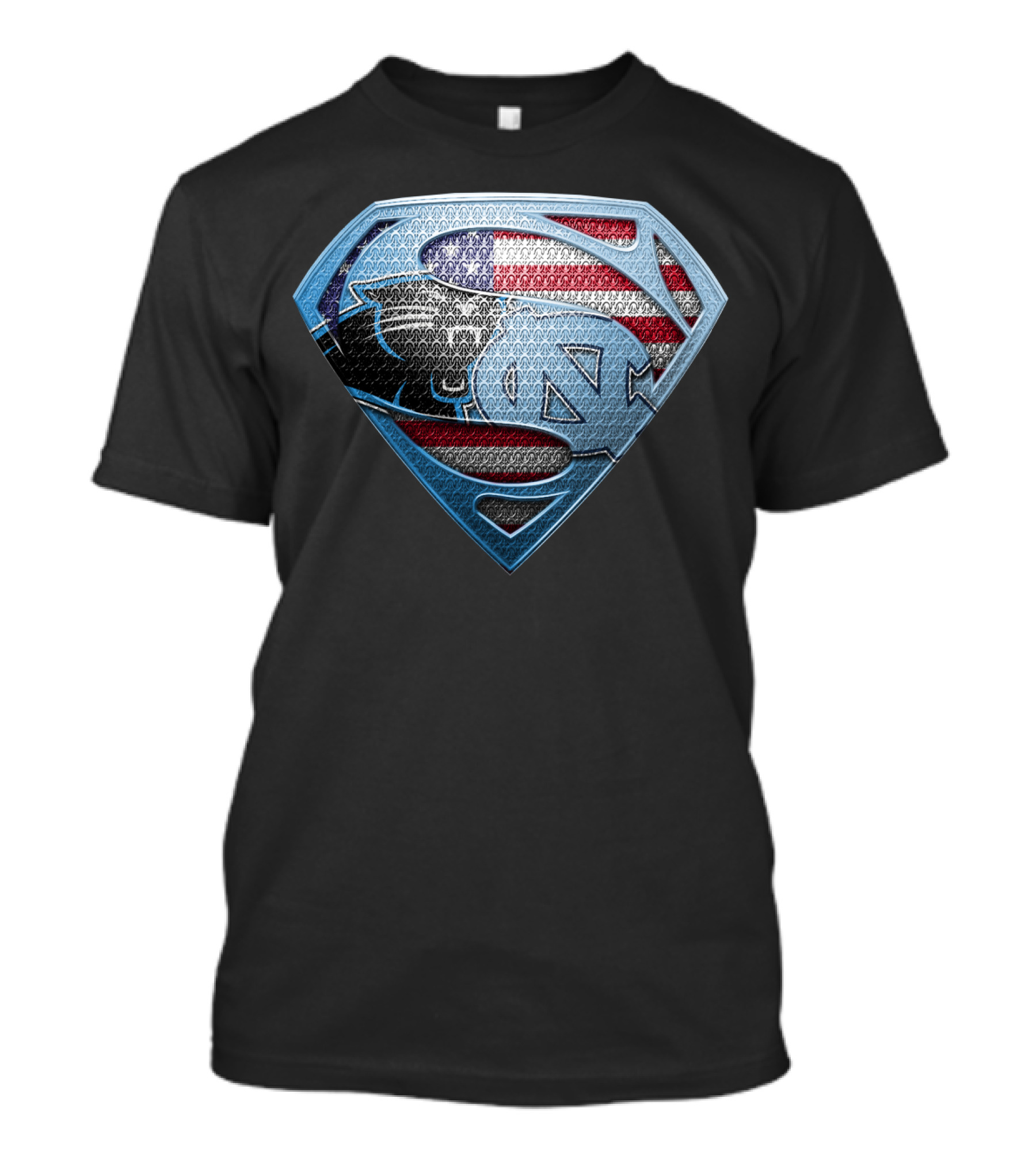 North Carolina Tar Heels And Carolina Panthers Superman Shield With American Flag T-Shirt