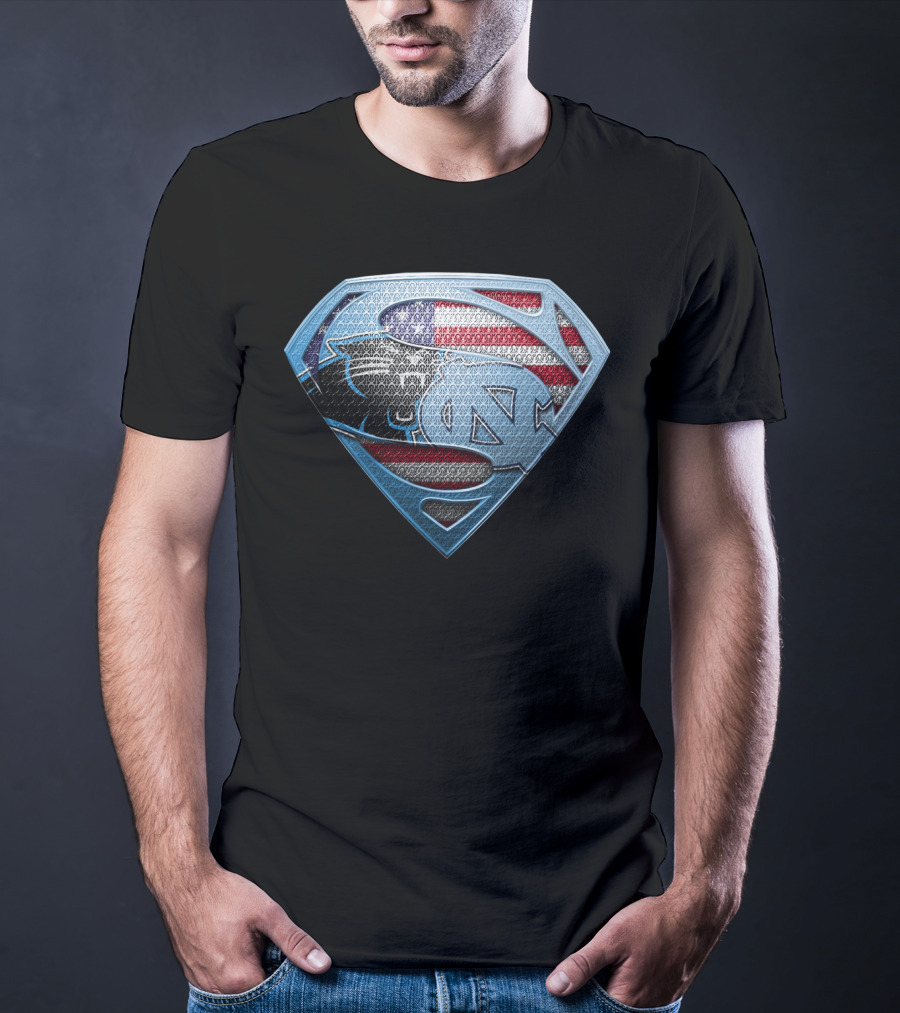North Carolina Tar Heels And Carolina Panthers Superman Shield With American Flag T-Shirt
