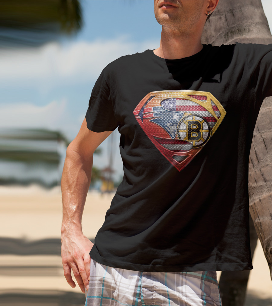 Superman Shield American Flag Boston Bruins New England Patriots T-Shirt