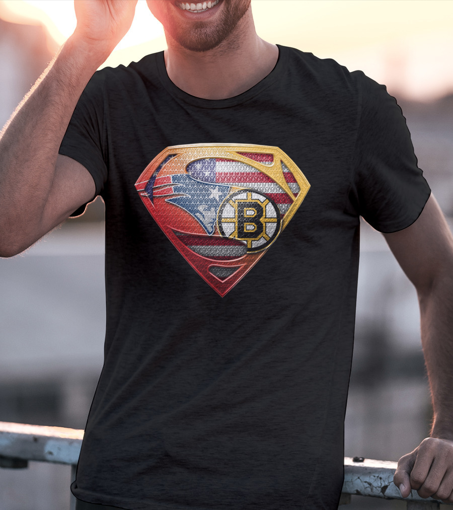 Superman Shield American Flag Boston Bruins New England Patriots T-Shirt