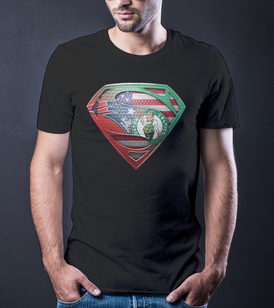 Superman Shield With Boston Celtics Logo And American Flag T-Shirt