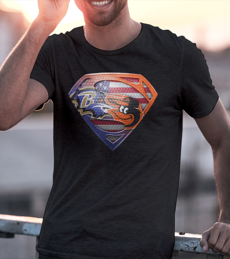Baltimore Ravens Orioles Superman Usa Flag T-Shirt