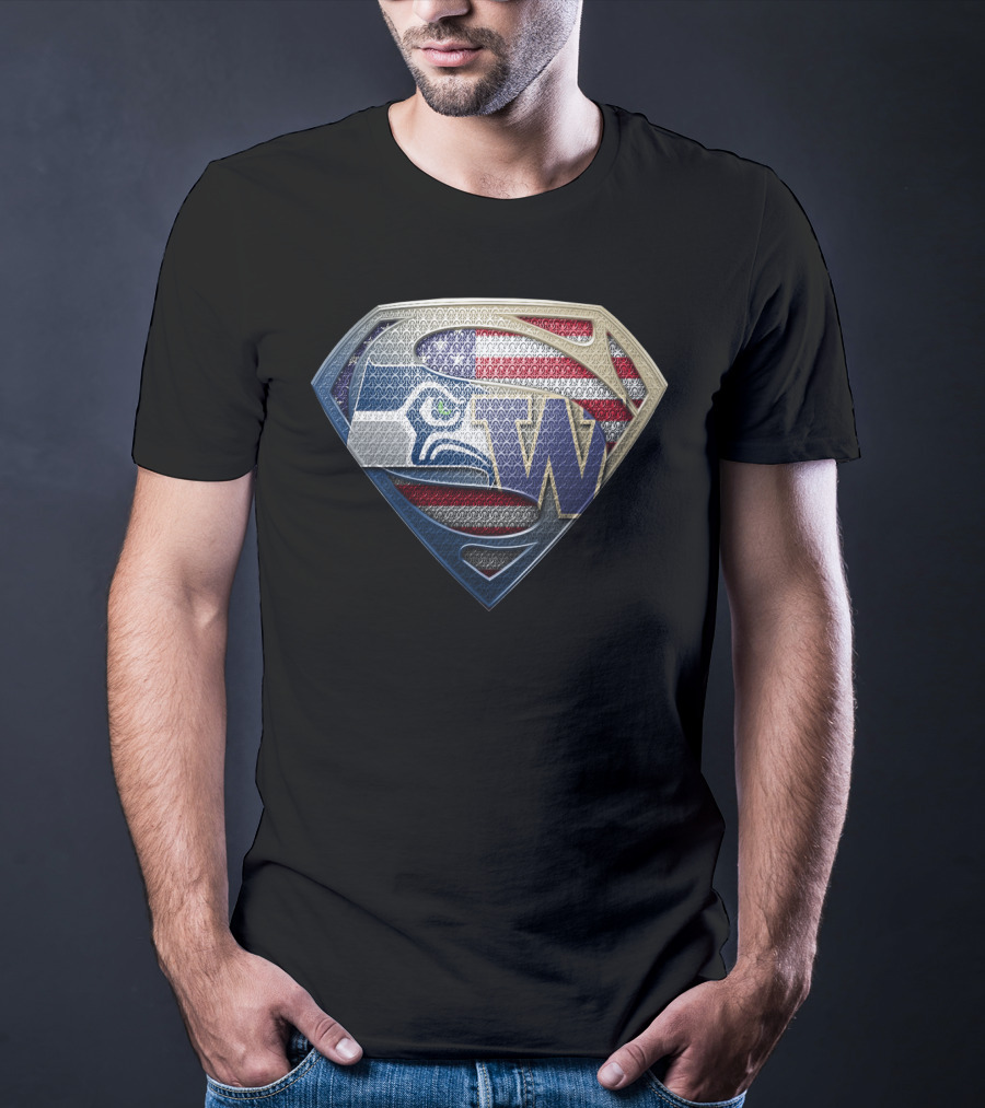 Seattle Seahawks Superman Logo With American Flag And Washington Huskies W T-Shirt