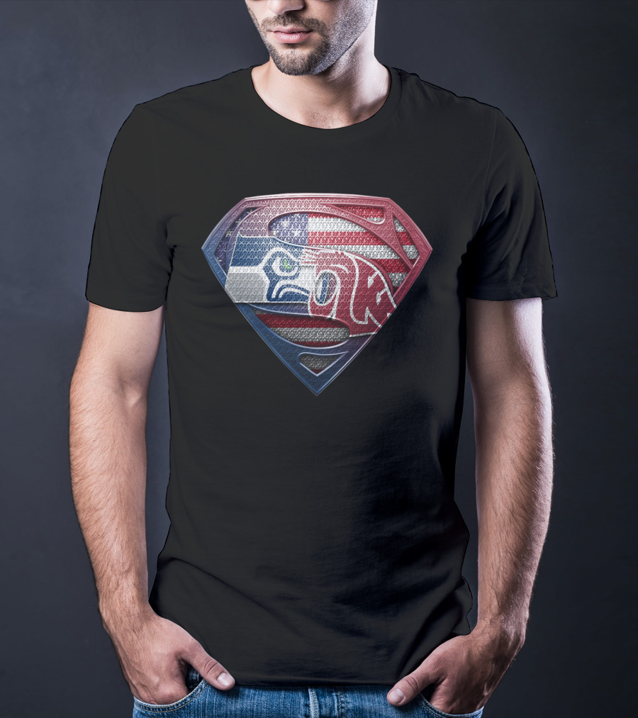 Superman Seahawks Patriots American Flag T-Shirt