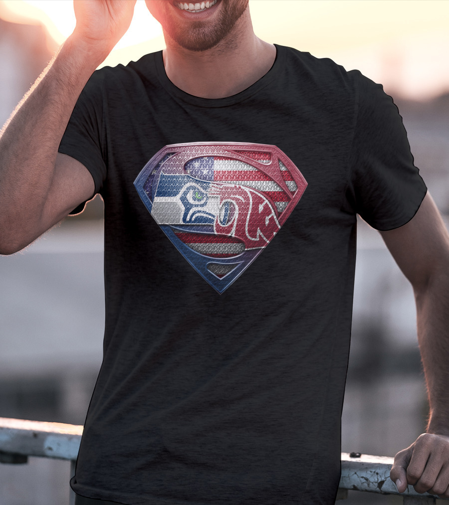 Superman Seahawks Patriots American Flag T-Shirt