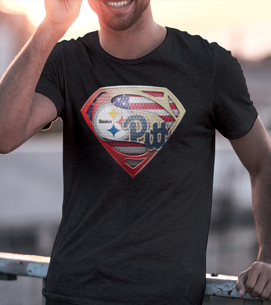 Steelers Pitt Superman Shield American Flag T-Shirt