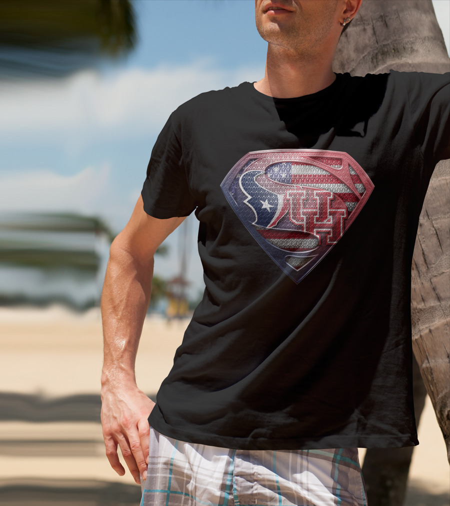 Houston Texans Uh Superhero Shield American Flag T-Shirt