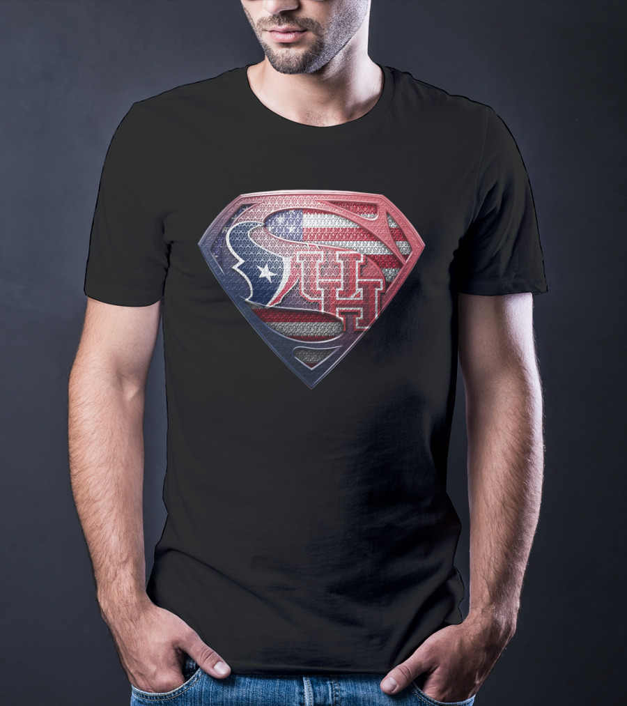 Houston Texans Uh Superhero Shield American Flag T-Shirt