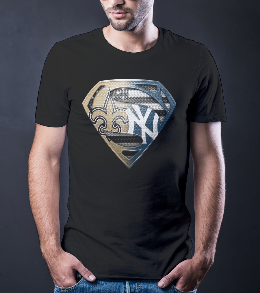 Superman Shield New York Yankees New Orleans Saints Logo Combination T-Shirt