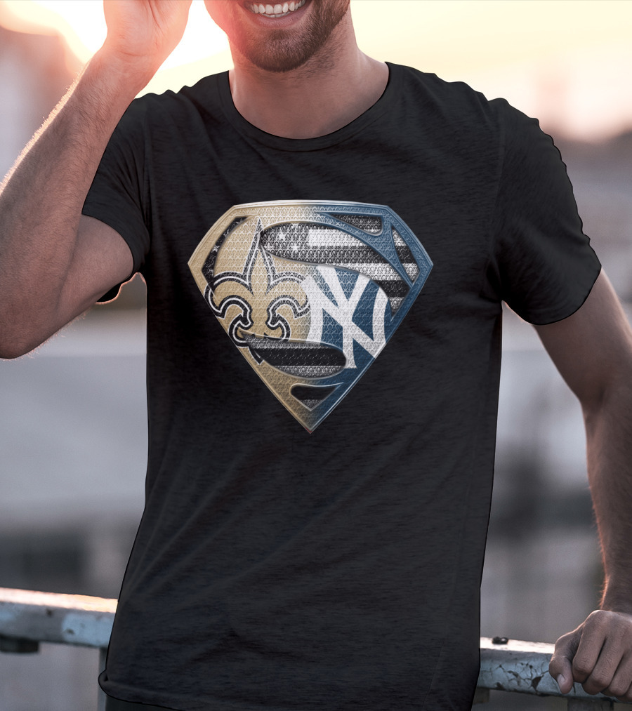 Superman Shield New York Yankees New Orleans Saints Logo Combination T-Shirt